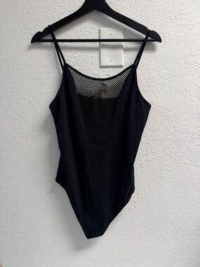 NWT Black Mesh Inset Thong Bodysuit L